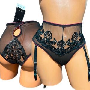 BLUEBELLA Mara High Waist Suspender Brief mesh Floral Appliqué Garter Black S